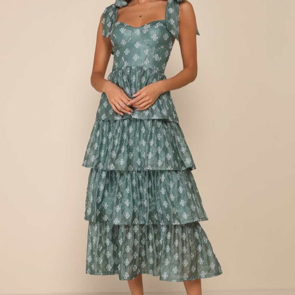 Lulus Gorgeous Excellence Teal Green Floral Burnout Tiered Midi Dress - Size S